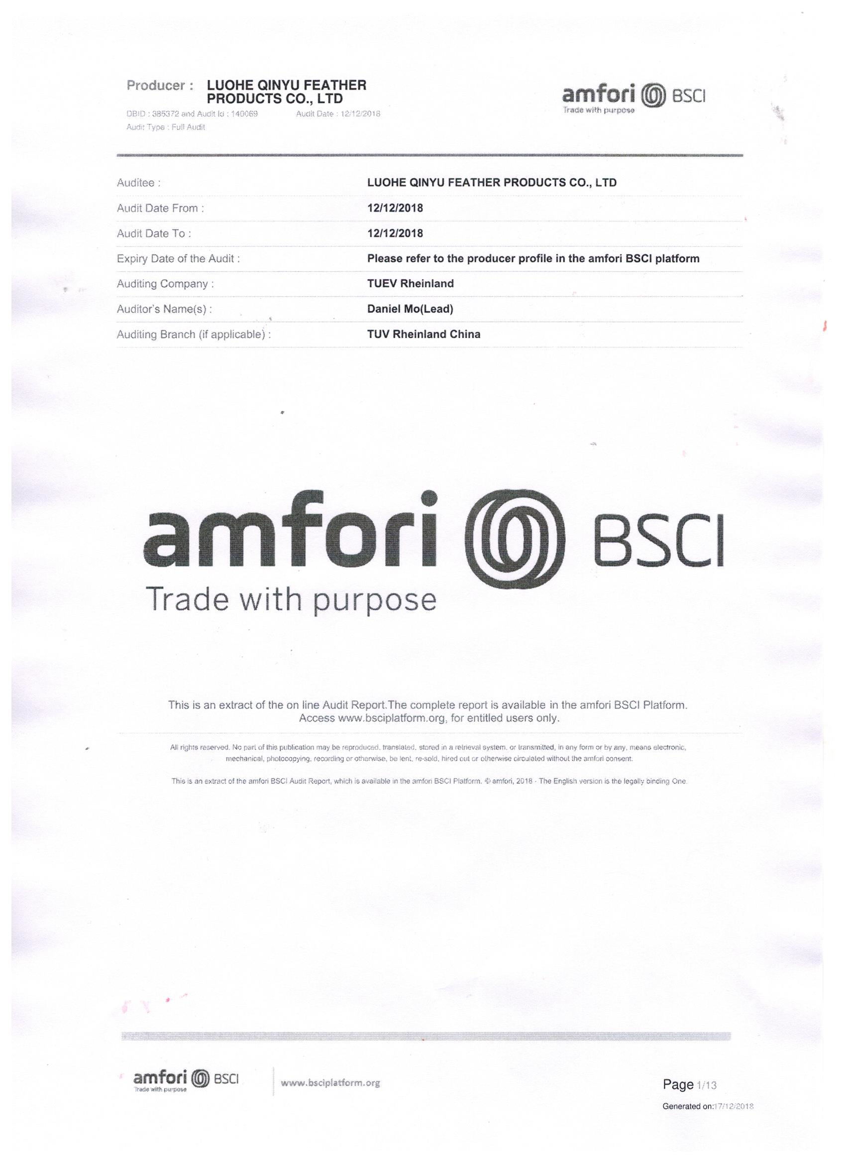 工厂通过BSCI 欧洲商业社会责任标准认证